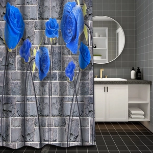 Modern 3D shower curtain featuring vivid blue roses on a dark grey brick wall background