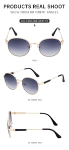 Three-angle view of round metal sunglasses with gold frame and gradient grey-purple lenses