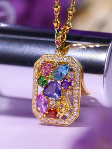 Rectangle 18K gold plated pendant necklace with colorful mixed gemstone inlay