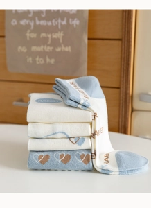 Dettaglio di calze in cotone pettinato blu e bianco con cuori e texture a onde