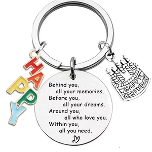 Inspirational Keychain Stainless Steel Alloy Round Tag Birthday Cake Heart Charm Gift For Family Friend