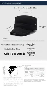 Detailed size chart for men's wool flat cap showing head circumference 56-60cm and dimensions