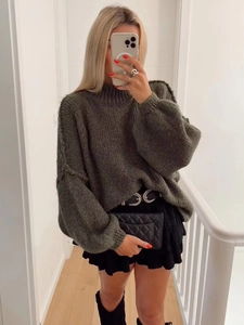Deep olive green loose knit sweater with round neck and drop shoulder style for women
