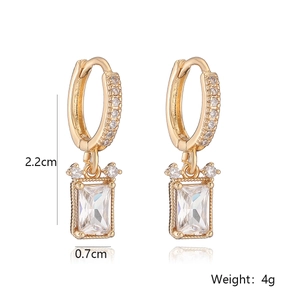 Detail showing 18K gold plated drop earrings with zircon crystals, 2.2cm length and 4g weight