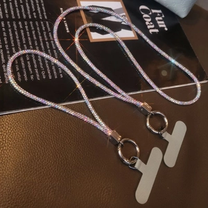 Luxurious shimmering silver rhinestone phone lanyard set with metal rings and gasket pads