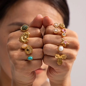 French vintage titanium steel open rings with colorful gemstones in a gold finish