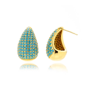 Boucles d'oreilles goutte dorées évidées avec pavé de zircons turquoise chic
