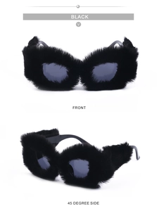 Front and 45-degree views of black faux fur trimmed cat eye sunglasses for women