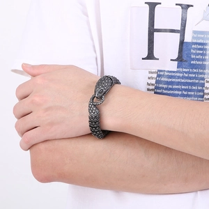 Punk style snake-shaped titanium steel bracelet with vintage silver finish for men