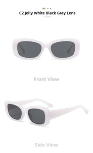 Detail view of jelly white square sunglasses with diamond textured temples and dark lenses