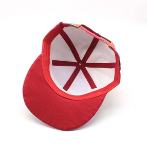 Internal view of colorful patent leather baseball cap with red seams and adjustable strap