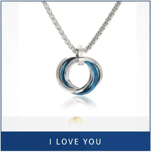 Minimalist hip hop stainless steel interlocking ring pendant necklace in silver and blue