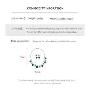Detailed chart showing weight 36.9g, zircon copper necklace 45cm and earrings 1.5cm
