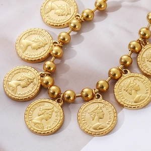 Detail of gold-plated bead chain with Queen Elizabeth II portrait coin pendant charms