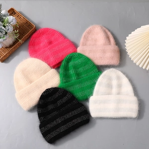 Winter women's rabbit fur knit beanies in multiple colors with ribbed cuff design