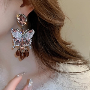 Vintage butterfly drop earrings with pink crystals and fringe tassels for women