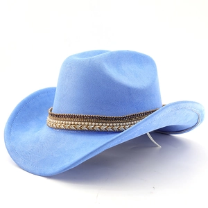 Detail showing sky blue suede cowboy hat with intricate woven beaded ethnic hatband