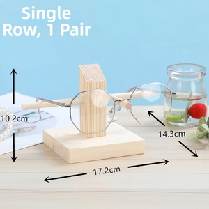 Detail of pine wood eyewear stand showing natural wood grain and dimensions of single tier rack