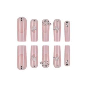 French press-on nails with silver metal butterflies and rhinestone decorations