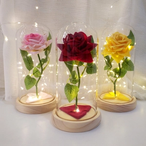 Preserved Rose In Glass Dome With LED String Lights Wood Base Artificial Flower Ornament For Valentine Birthday Gift Home Decor