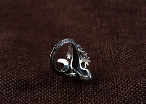 Macro shot of silver vintage lizard ring featuring detailed scales on an open band