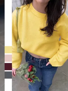Damen Strickpullover Aus Acryl Polyamid Und Polyester Langarm Rundhalsausschnitt Locker Einfarbig Strickwaren