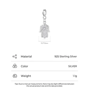 925 Sterling Silver Hamsa Hand pendant with evil eye and hollow carving, 9.5x13mm size