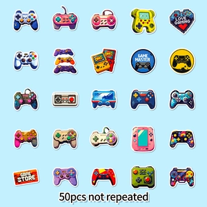 Macro shot of 50 unique game-themed stickers featuring retro controllers and game consoles