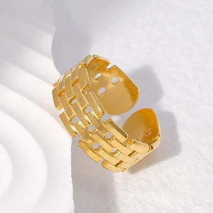 Hollow Brick Texture Adjustable Ring Stainless Steel Vintage Industrial Geometric Band Unisex Non-Fading Jewelry