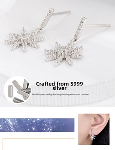Macro detail of S999 silver snowflake earrings featuring sparkling zircon stone inlay