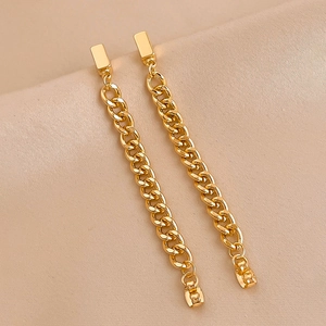 Minimalist long golden chain drop earrings for women in polished stainless steel finish