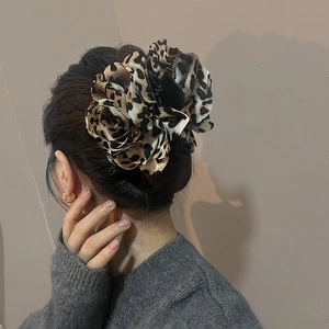 Vintage leopard print fabric flower hair claw clip for women's elegant updo styles