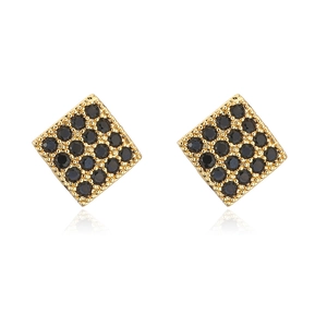 Minimalist gold plated square stud earrings with micro-set black stones on white background