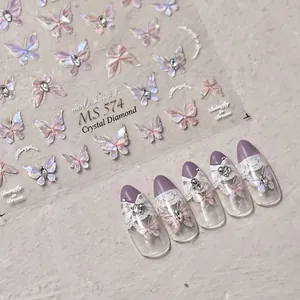 3D laser purple butterfly nail art stickers with crystal rhinestones MS 574 design