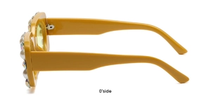 Detailed 0-degree side view of square amber sunglasses with colorful rhinestones