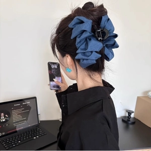 Large Denim Fabric Claw Clip Ruffled Bubble Bow Shark Hair Clamp For Women Sweet Styling