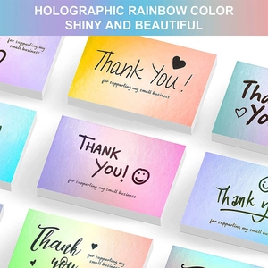 Holographic rainbow thank you business cards with metallic laser finish for small shops