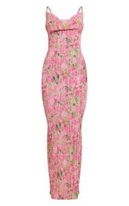 Close-up of pink floral print dress featuring pleated texture and slender straps