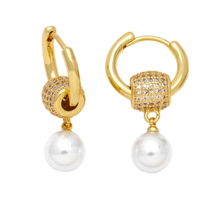 Elegant gold pearl hoop earrings with crystal pavé accents on a clean white background