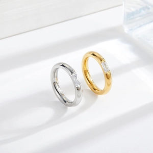 Minimalist Stainless Steel Ring With Baguette Zircon Geometric Luxury Smooth Surface Daily Jewelry For Women