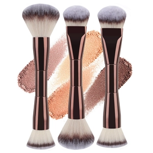 Double-Ended Makeup Brush Soft Synthetic Fiber Bristles Aluminum Tube Handle For Foundation Powder Contour Metallic Brown