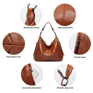 Infographic showing reinforced sewing, smooth zipper and side pocket of the brown tote bag