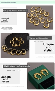 Macro detail of 18K gold plated stainless steel croissant hoop earrings with mirror polish