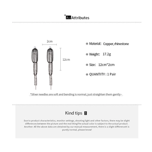 Detailed size specifications for luxury rhinestone tassel drop earrings in copper