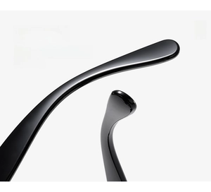 Detail view of the ergonomic curved black temples with a high-gloss finish for sunglasses