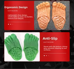 Close-up of lightweight non-slip sole texture on funny oversized feet slippers