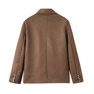 Back view of brown faux suede lapel jacket with center seam and buttoned cuffs