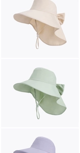 Detail of wide brim sun hat with adjustable wind rope and elegant back bow decoration