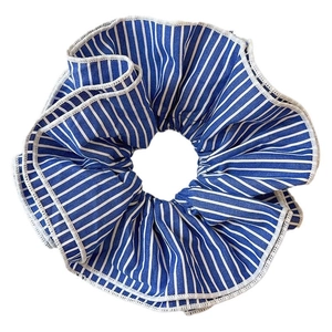 Blue and white striped 4-layer fabric scrunchie with fluffy pleated design for women