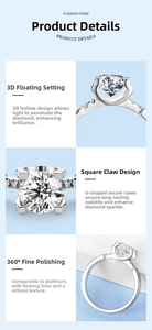 Detailed macro view of S925 sterling silver moissanite ring with U-shaped four-prong setting